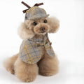 Camel coloured cotton pet cloak with adjustable hat showing six size options for dogs