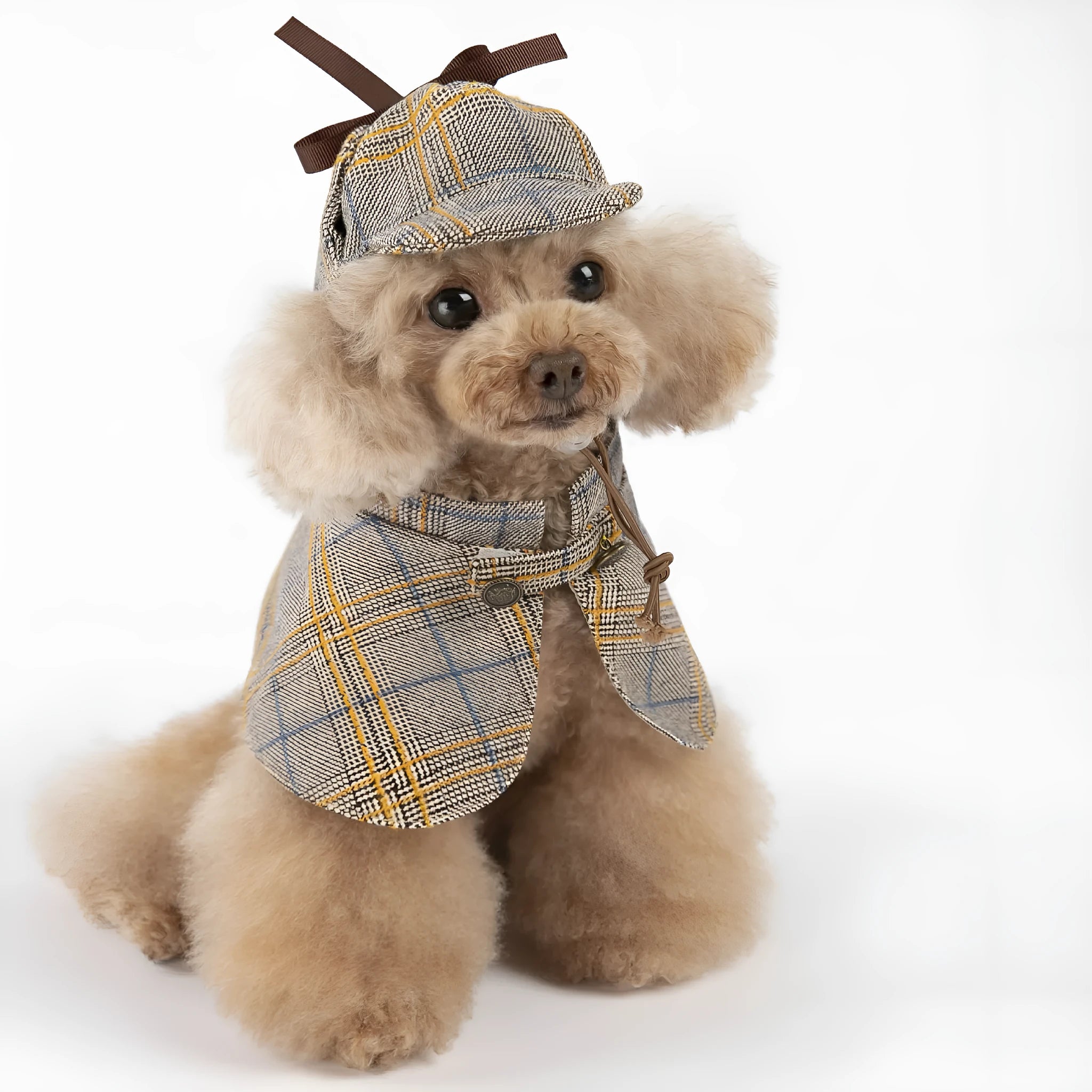 Camel coloured cotton pet cloak with adjustable hat showing six size options for dogs