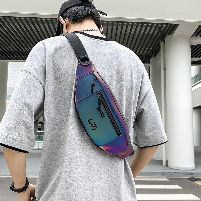 Blue crossbody reflective chest bag with shoulder strap and soft handle for cycling