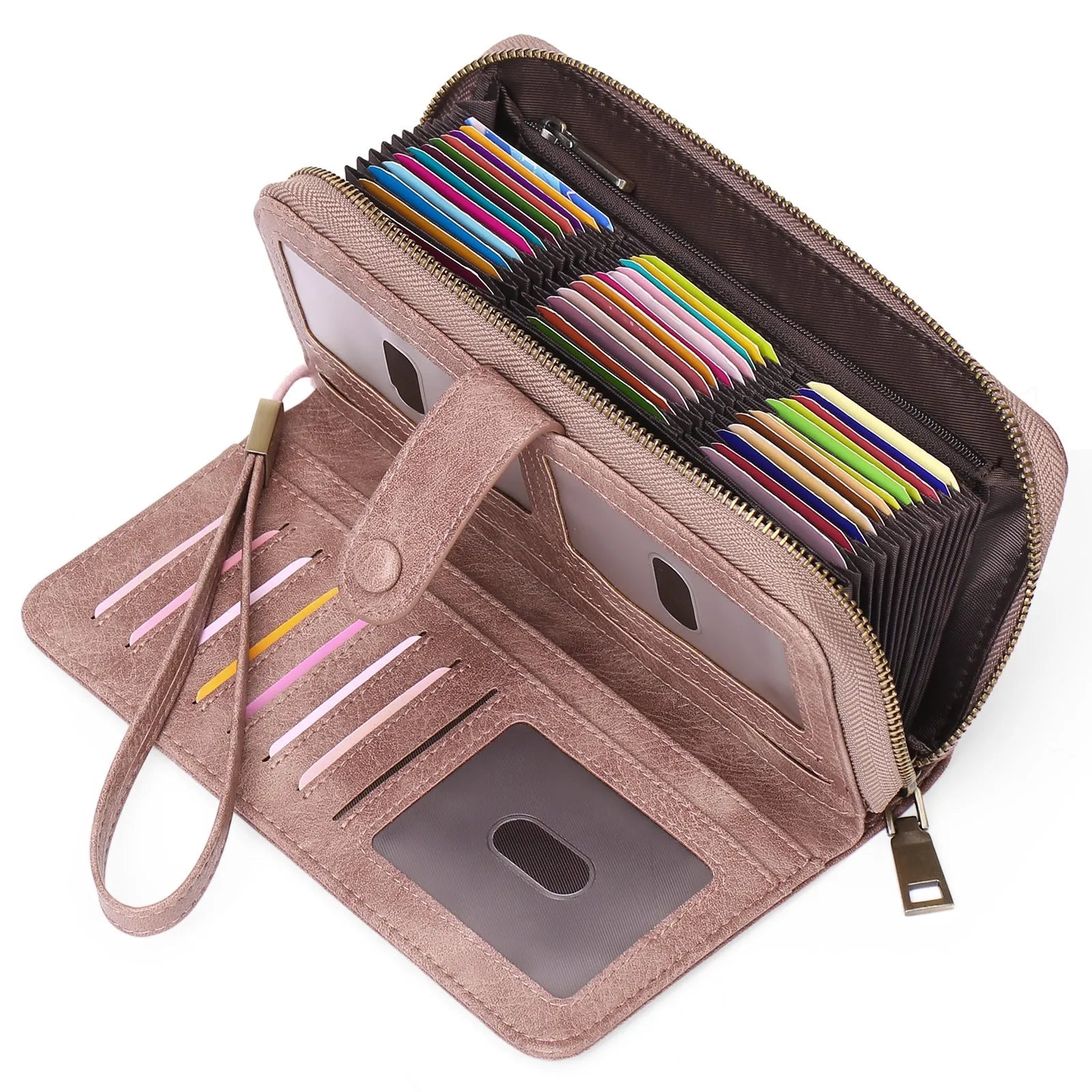 Women's long expanding card holder wallet in synthetic leather with anti-theft swiping feature