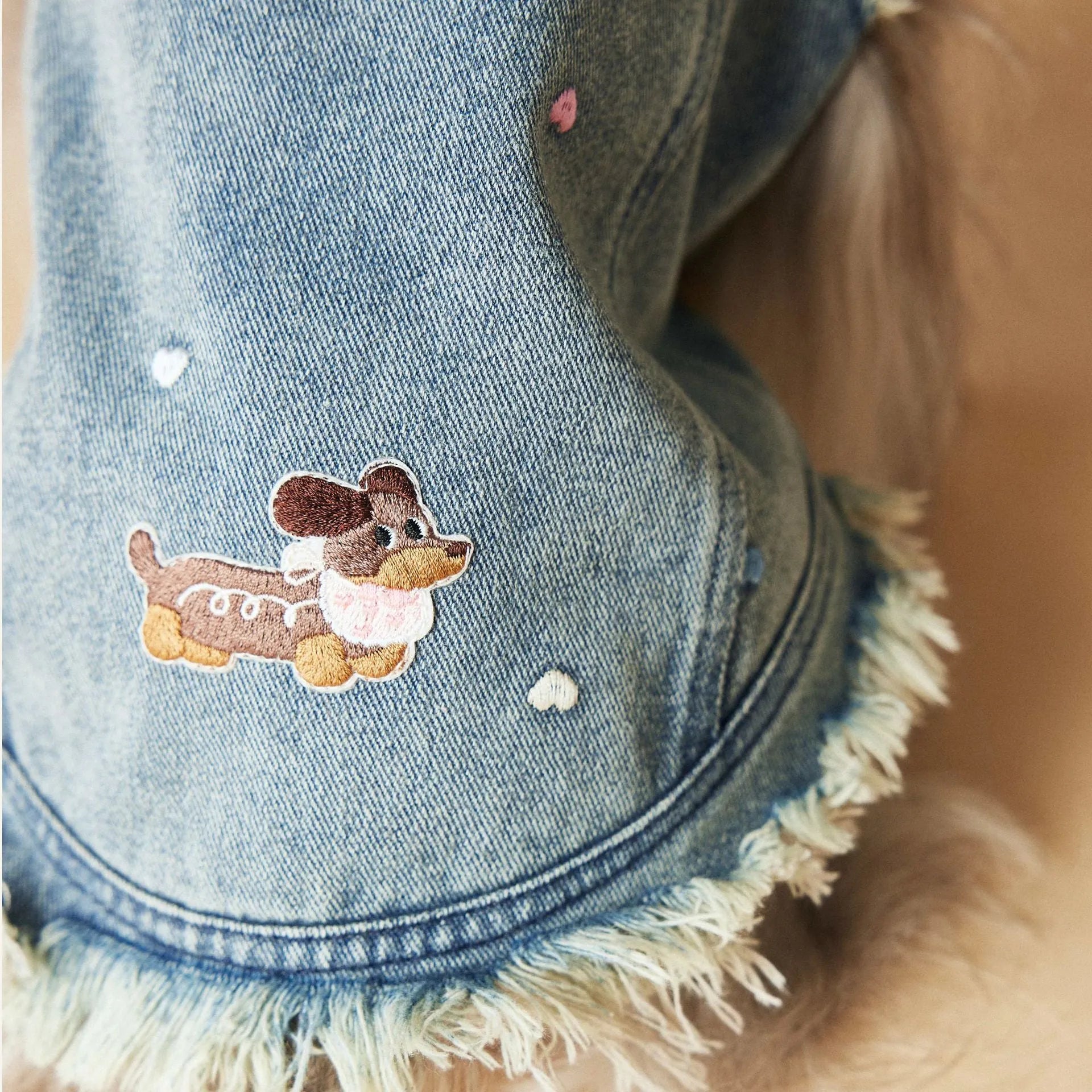 Embroidered raw edge denim vest for small dogs Maltese Schnauzer Teddy Bear sleeveless casual wear