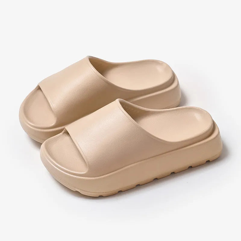 Women's beige fish mouth open-toe slippers with a thick 5.5cm light-coloured EVA sole.