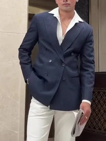 Men's striped double-breasted polyester blazer showing classic design and regular fit