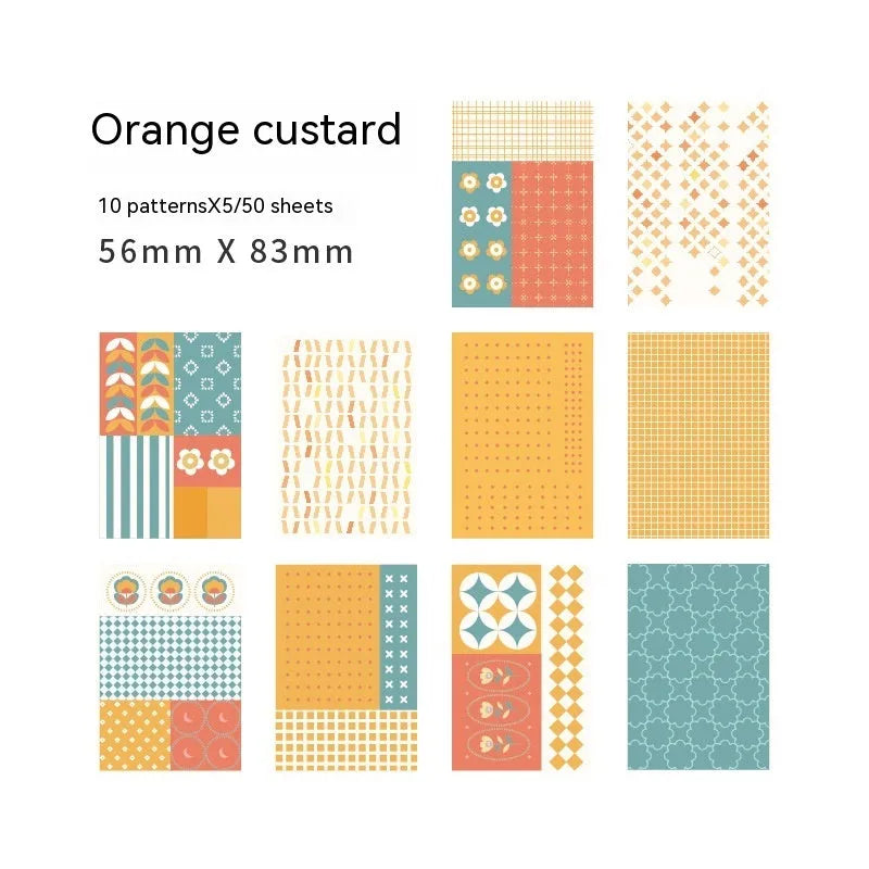 Pack of 50 retro sweet dessert themed note papers in ten pastel colours, each 56mm by 83mm.
