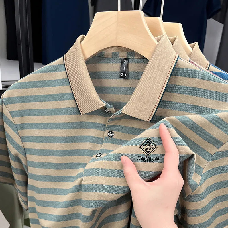 Striped men's casual short sleeve t-shirt with mosaic pattern detail in polyester, available in red, blue, and green colours
