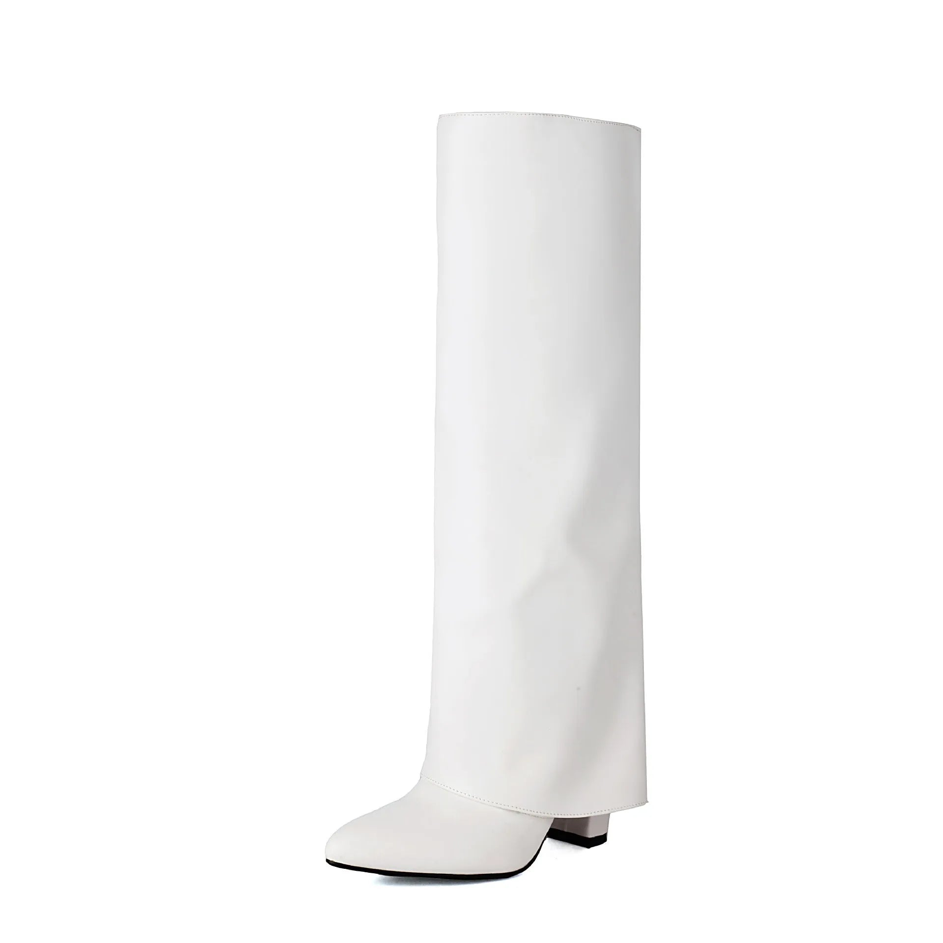 Women's plus size thick high heel boots in black, high cylinder sock length with decorative sewing lines.