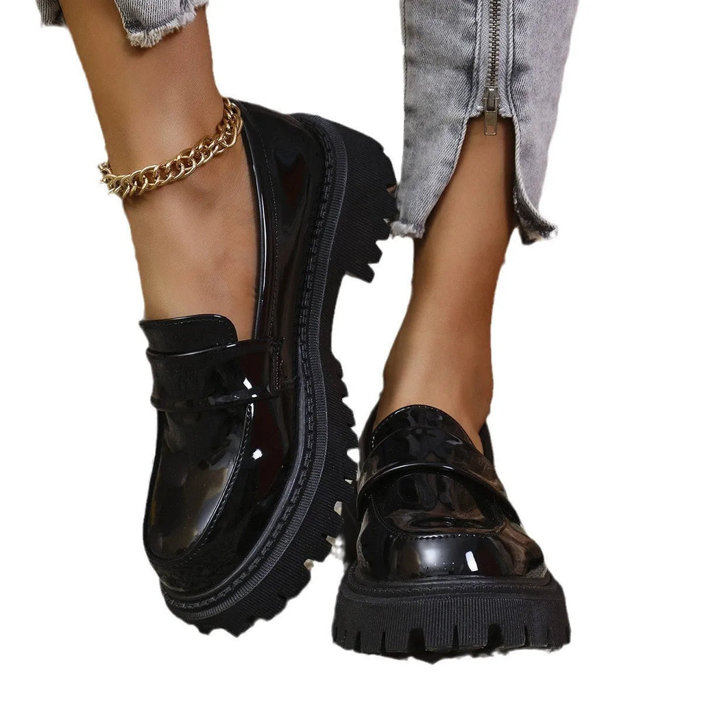 Plus size British style slip-on loafers with chunky platform heel in black, wine red, and green colours