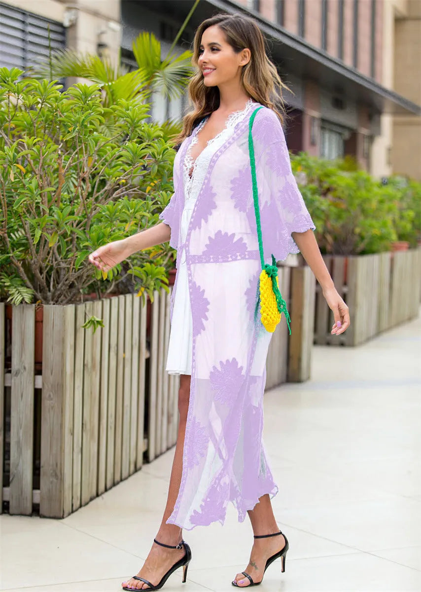 Light purple beach dress with embroidery and cotton lining for swimming