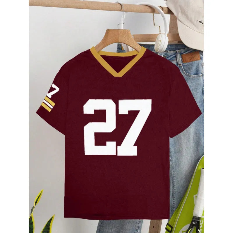 Green and red loose fit cotton T-shirt with white contrast digital letter printing
