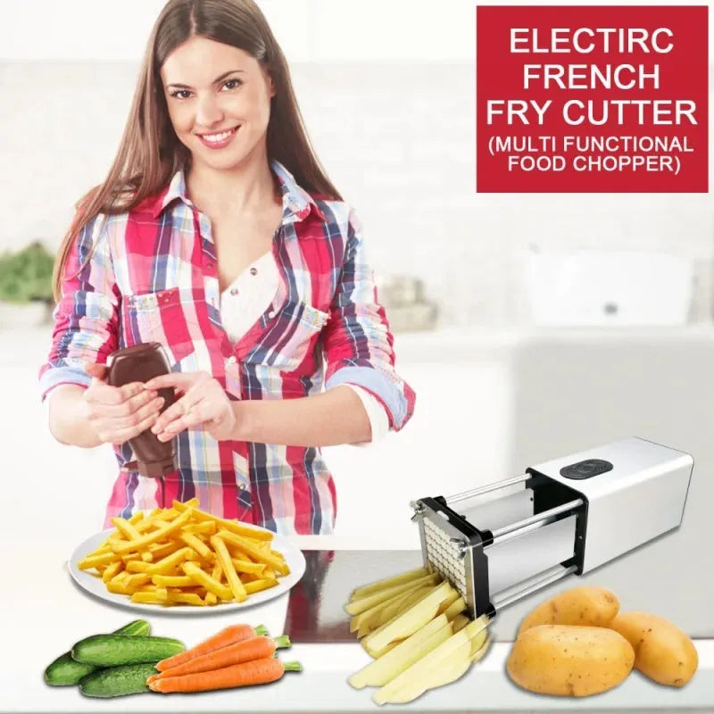 Electric French fry cutter stainless steel with two blades and black body, cutting potatoes and carrots.