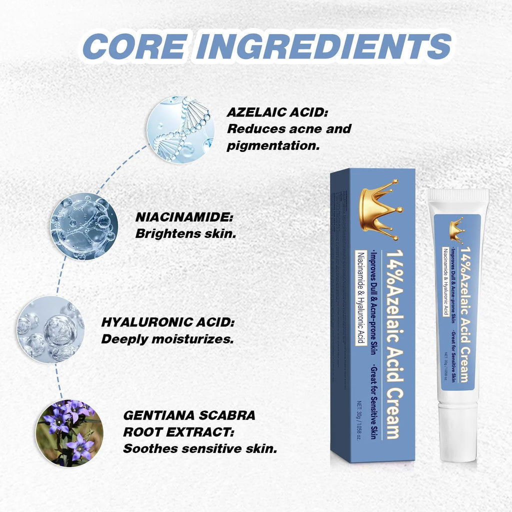 Azelaic acid cream 30g tube in blue packaging with FPA035 label for general skin care treatment.