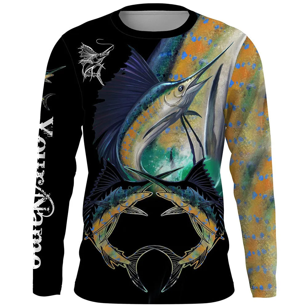 Men's grey round neck pullover with a colourful printed fish design on the front.