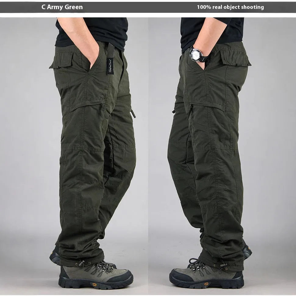 Men's cotton velvet overalls with wool lining in khaki, black, and army green colours showing loose straight leg design
