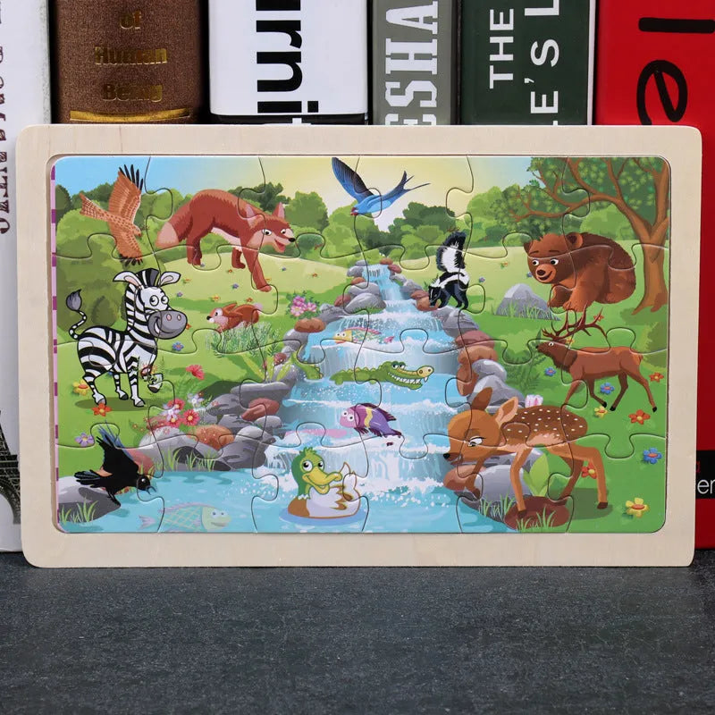 80-piece wooden animal puzzle set in iron box, designed for children aged 3 and over, featuring bear and riding themes