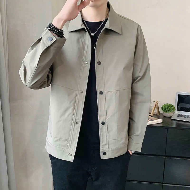 Men's Korean style thin single-layer jacket in polyester, shown in light gray.