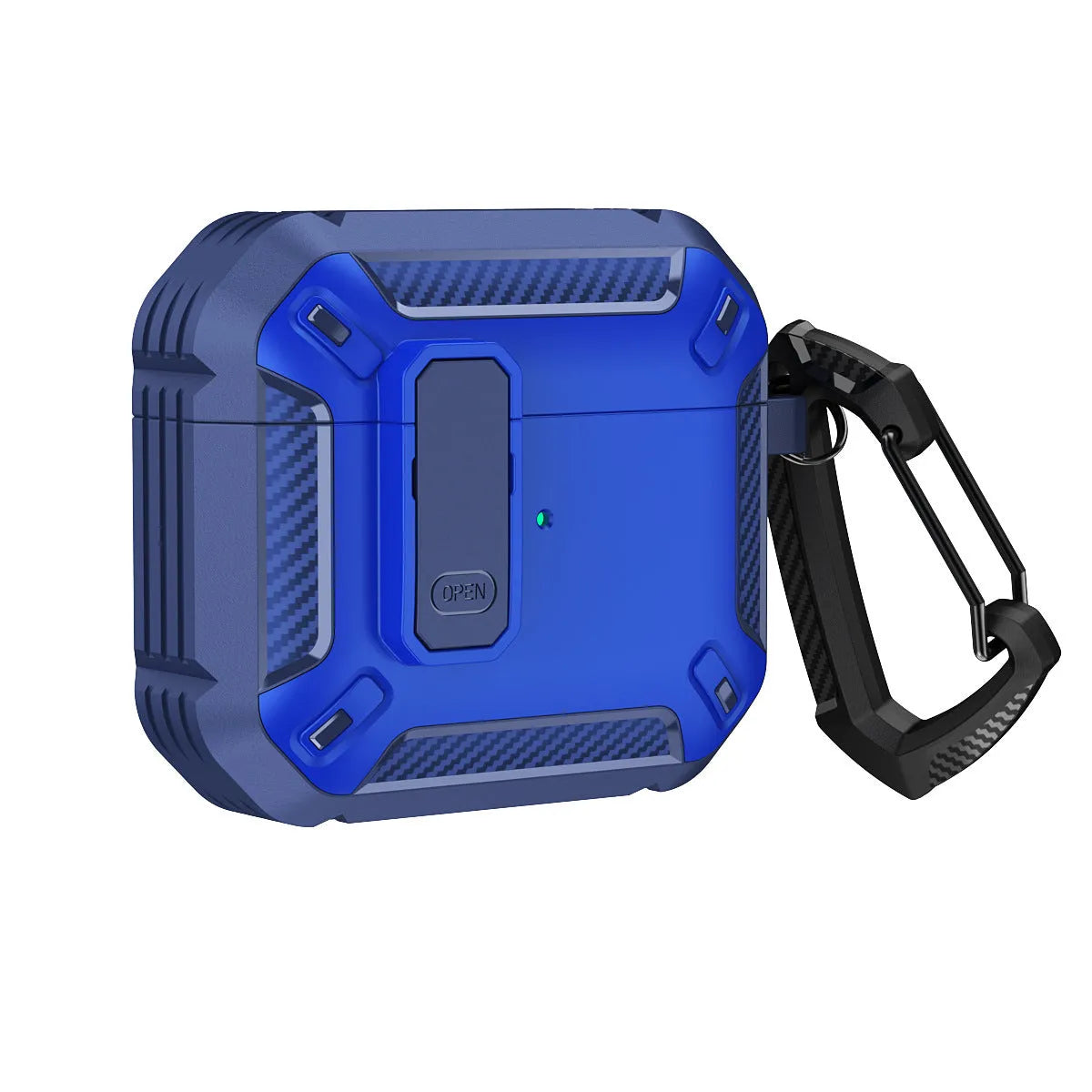 Two-tone clamshell protective case for Apple AirPods with a metal hook attached.
