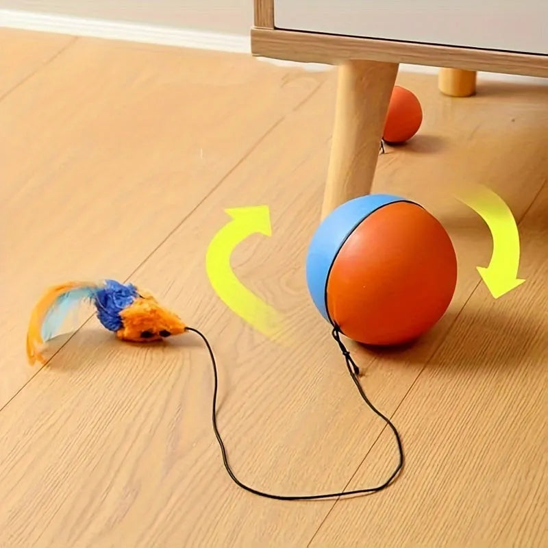Grey and orange interactive cat toy ball with a soft plush mouse attachment for feline exercise.