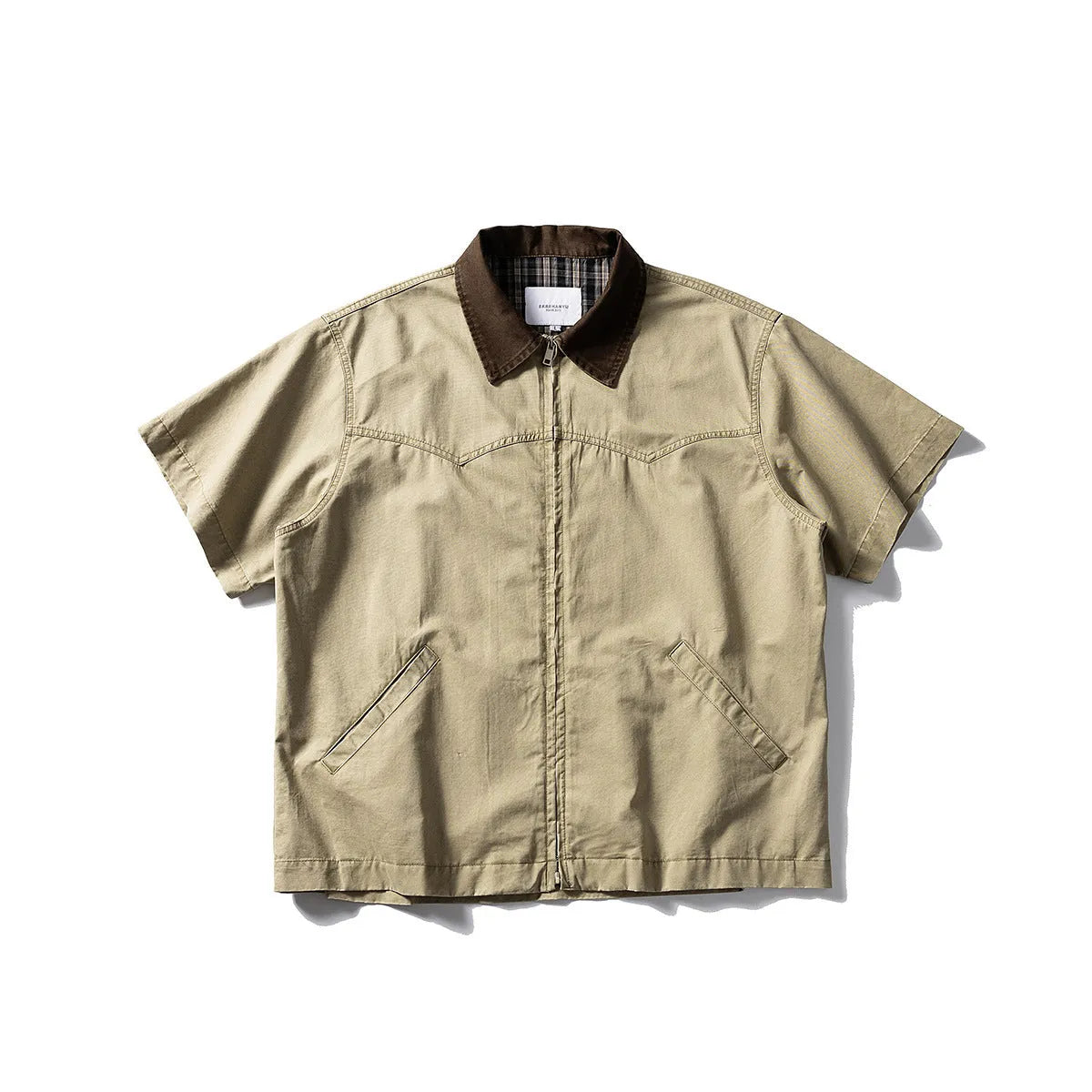 Washed cotton overalls shirt in short sleeve cardigan style, khaki colour, loose fit
