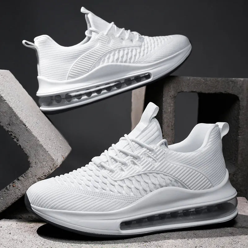 Men's black low-top mesh running shoes with white rubber sole and lace-up front.