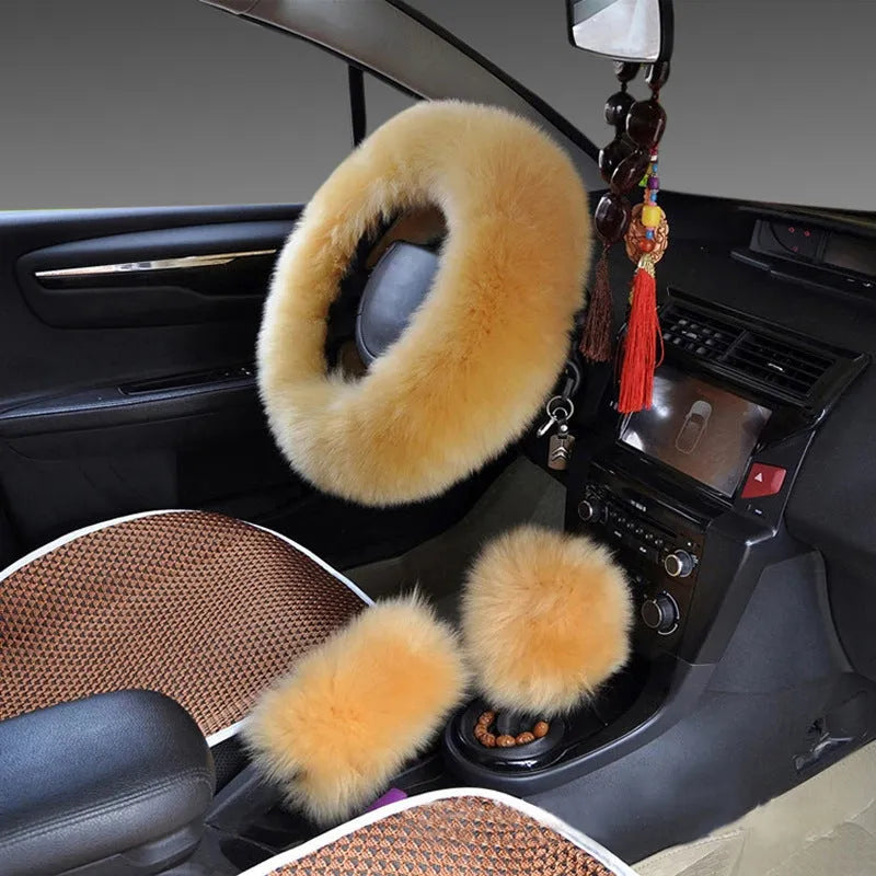Wool steering wheel cover and handle covers three-piece set in multiple colour options for 38cm diameter wheels