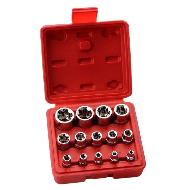 14-piece E-type socket set in red box, chrome vanadium steel, for auto repair and mechanical use