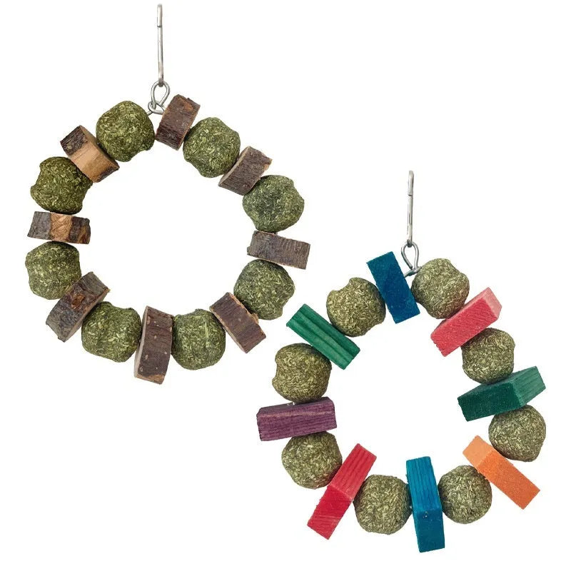 Hamster toy with ring, straw balls and applewood chew rod for small pets