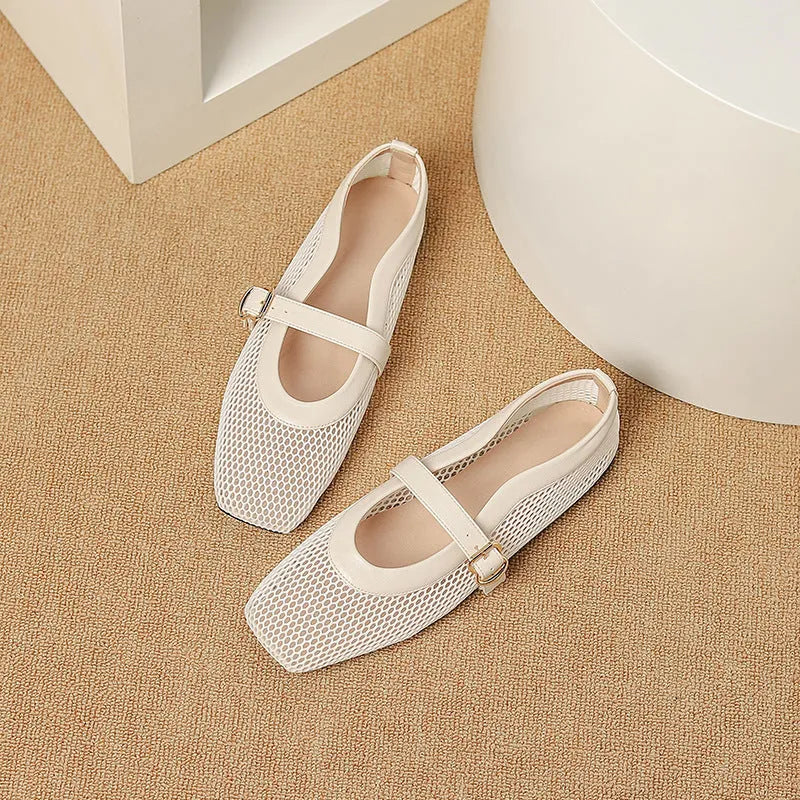Women's beige mesh summer shoes with buckle fastening and square toe