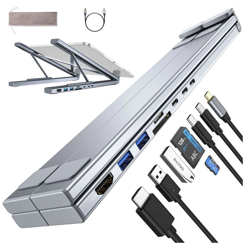 Aluminium alloy laptop docking station with foldable stand and multi-interface hub