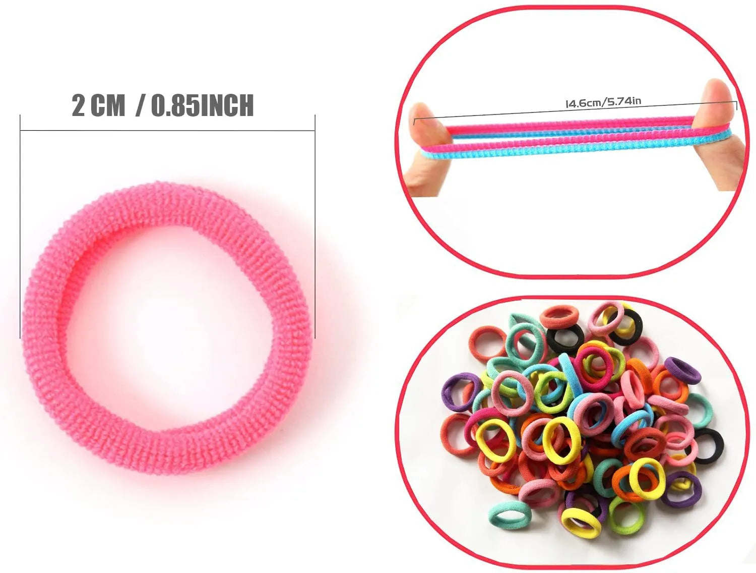 Pack of 100 multicolour seamless cotton baby hair ties for toddlers displayed in a jar