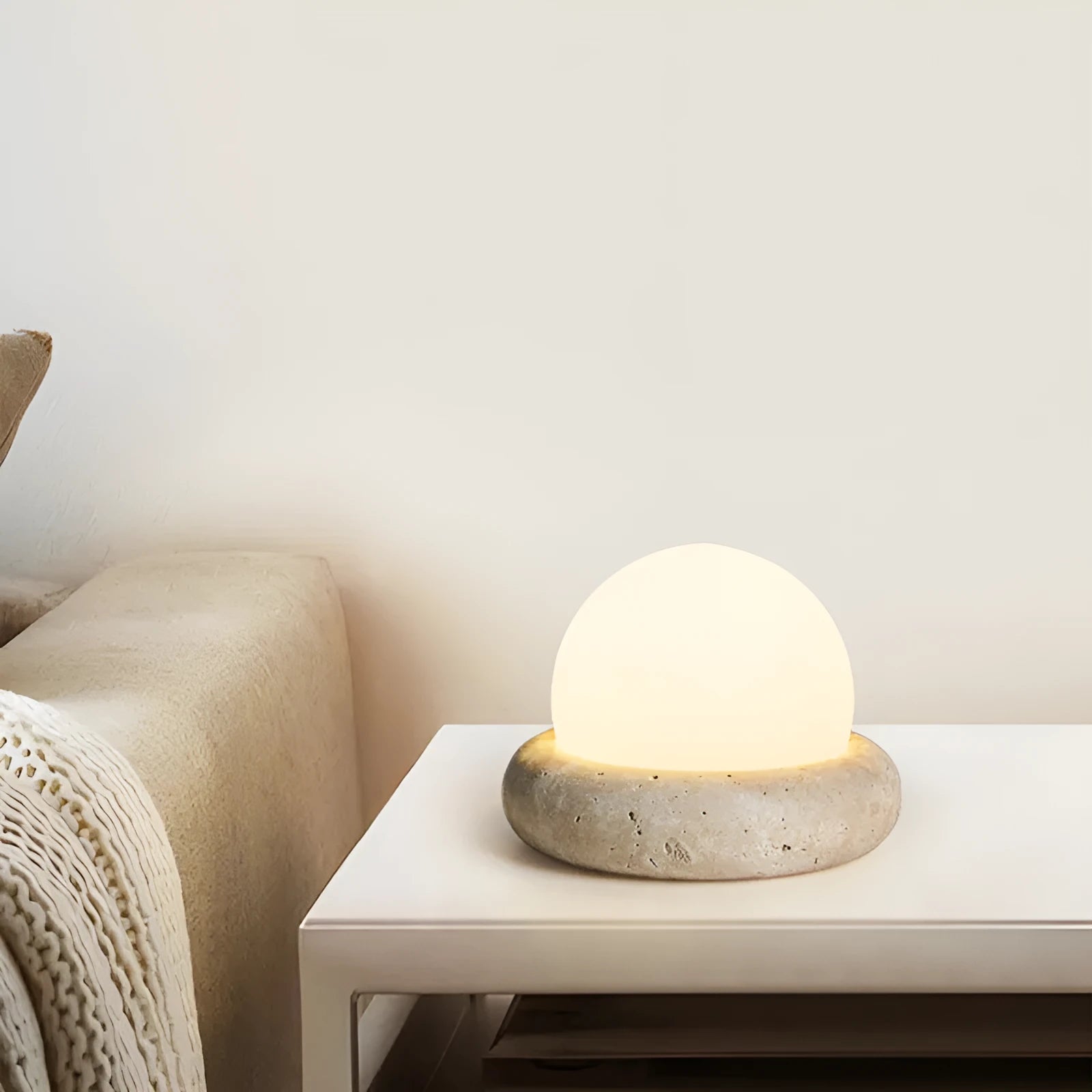 Cream coloured remote control bedside night lamp with 15.5cm diameter