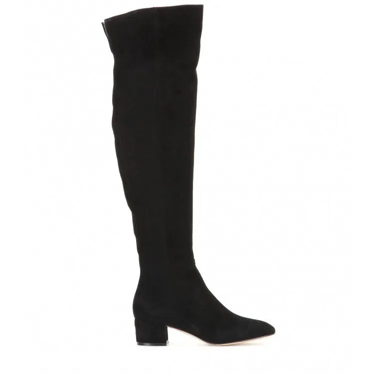 Grey suede women's flat over-the-knee boots with pointed toe and thick low heel.