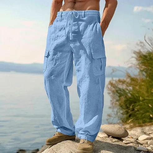 Men's cotton wide-leg casual trousers in solid colour with elastic mid waist