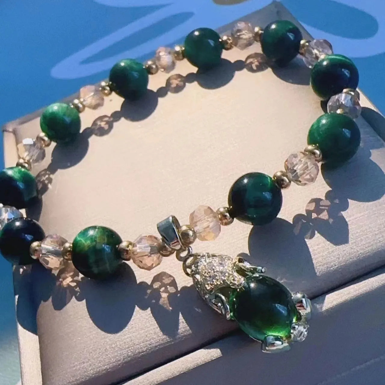 Handmade natural Vanves stone and Tigereye bead bracelet on single or double chain in green or rose red.