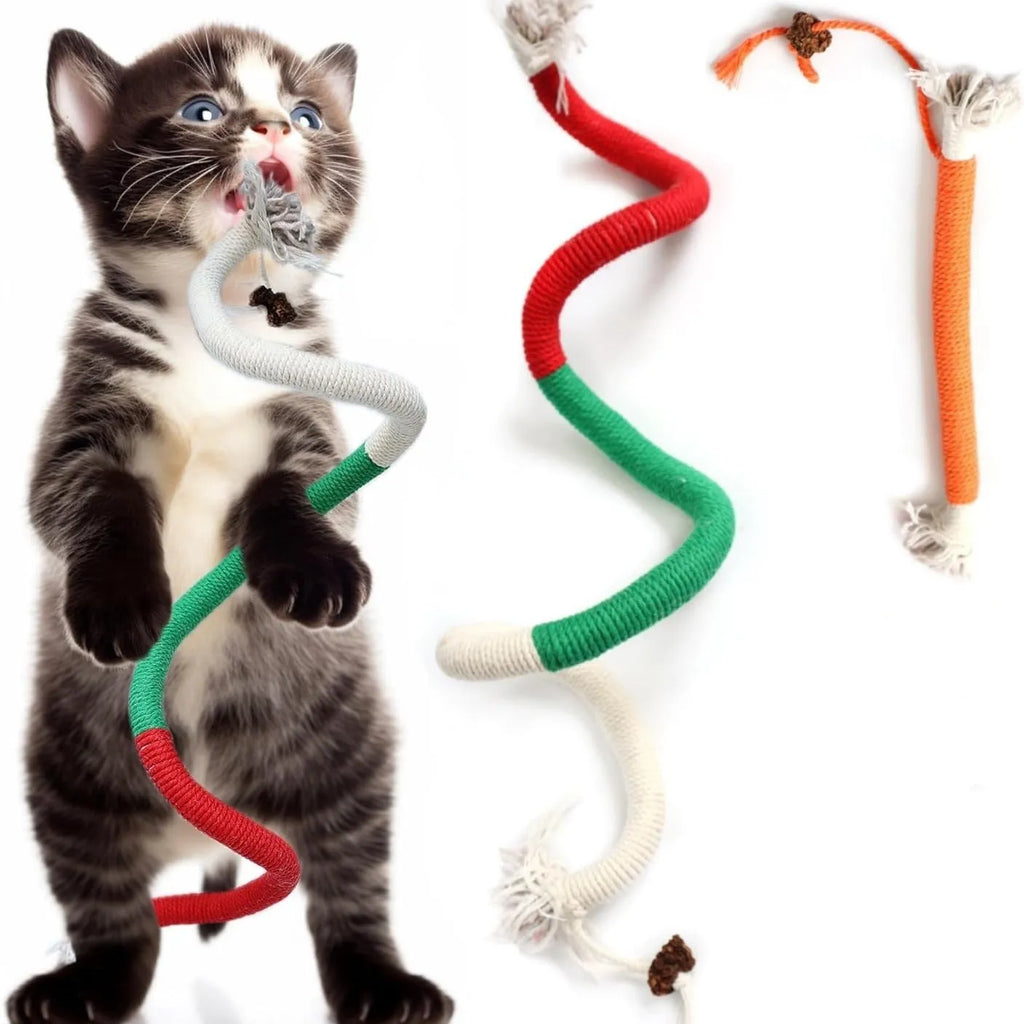 Bite-resistant cat teaser toy with a long cotton string and a catnip stuffy attached, showing purple, orange, and green colour options.