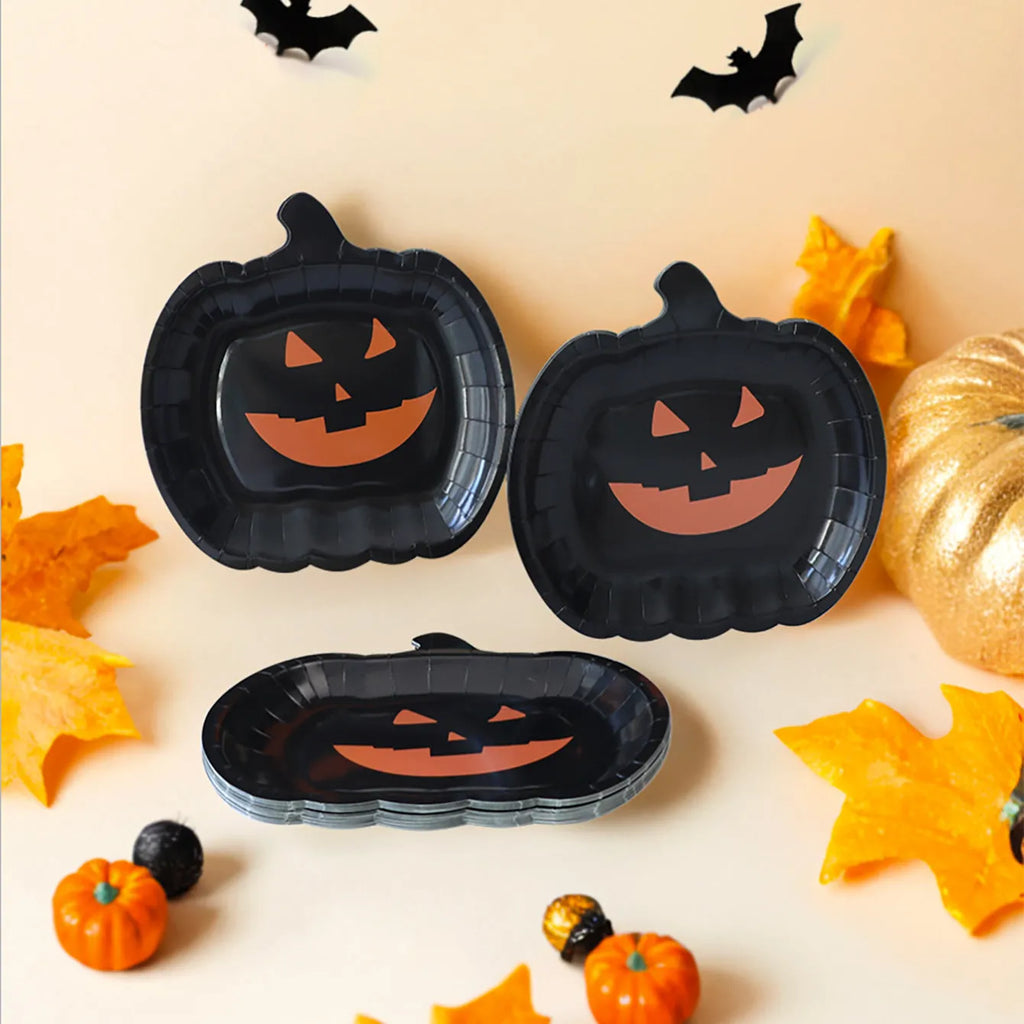 Black pumpkin design disposable paper plates in 9-inch size for Halloween parties