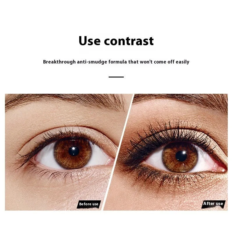 Black 4D waterproof mascara tube showing length and thickness effect on lashes