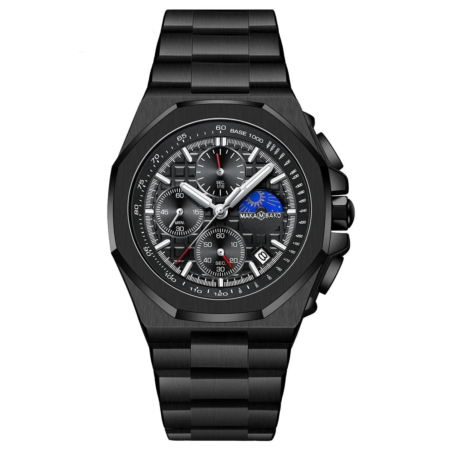 Sun Moon Star multi-function waterproof watch for men quartz mineral glass stainless steel buckle 12mm