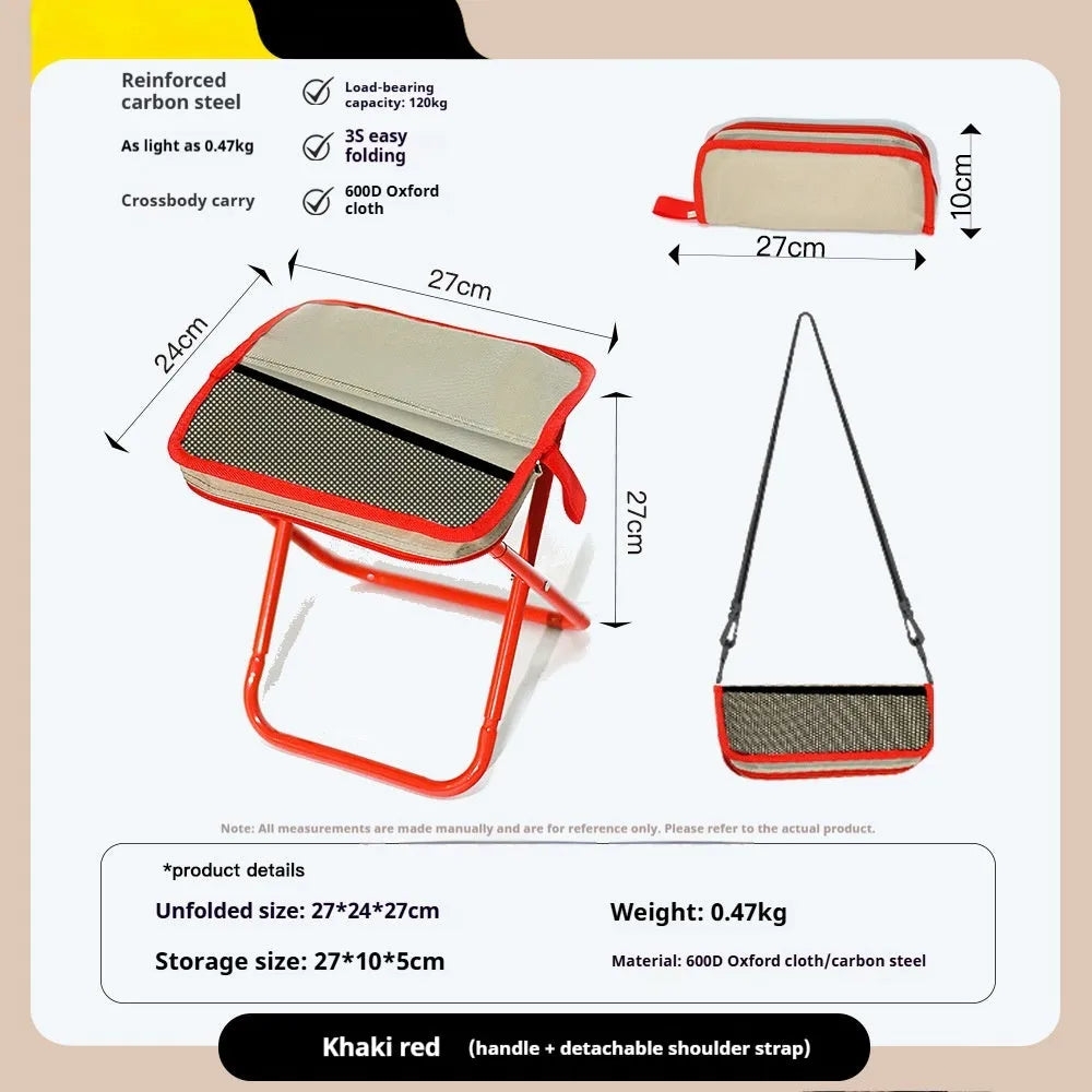 Foldable outdoor camp stool in oxford cloth shown in a khaki colour, folded compactly.
