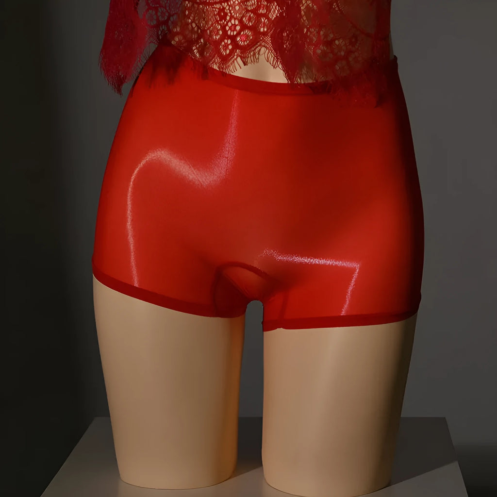 Shiny men's seamless underwear stockings in mid waist design showing red, black, and natural skin tone colour options
