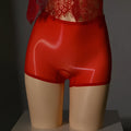 Shiny men's seamless underwear stockings in mid waist design showing red, black, and natural skin tone colour options