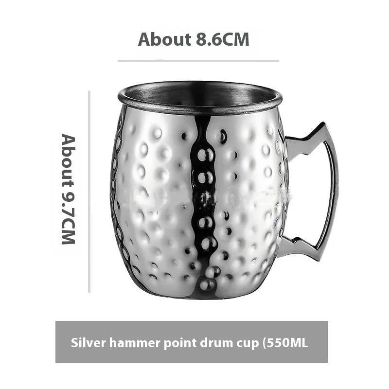 Stainless steel Moscow Mule cup with copper-plated finish in hammered and plain styles.