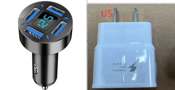 Black four-port USB car charger with digital LED display, shown plugged into a car dashboard.