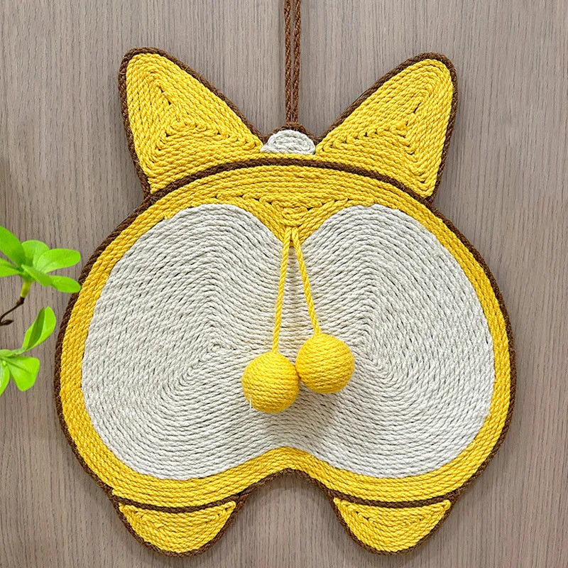 Yellow cat scratching pad with corgi butt designs, natural sisal surface and anti-slip base