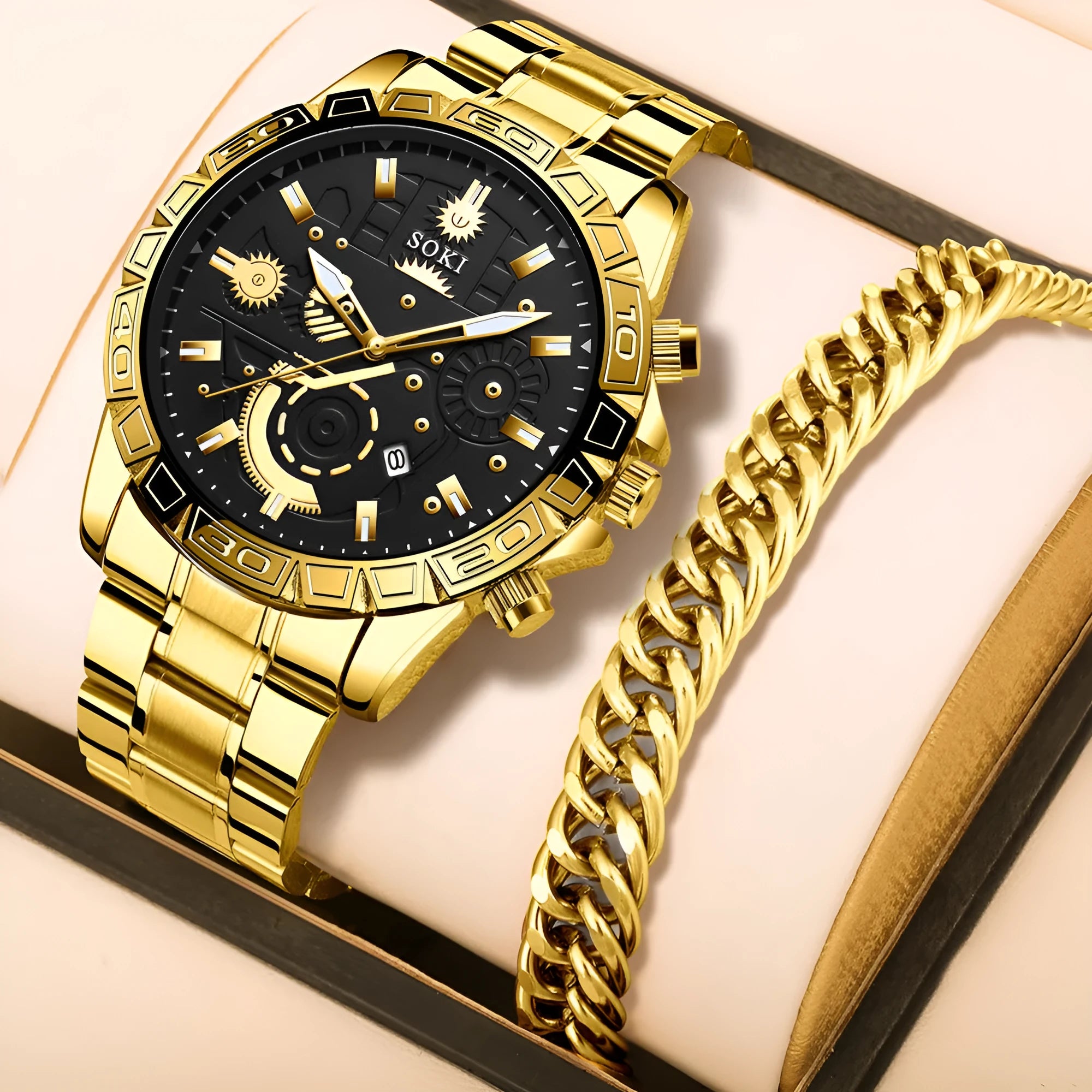 Men's gold business quartz watch with stainless steel strap and 10mm slim case