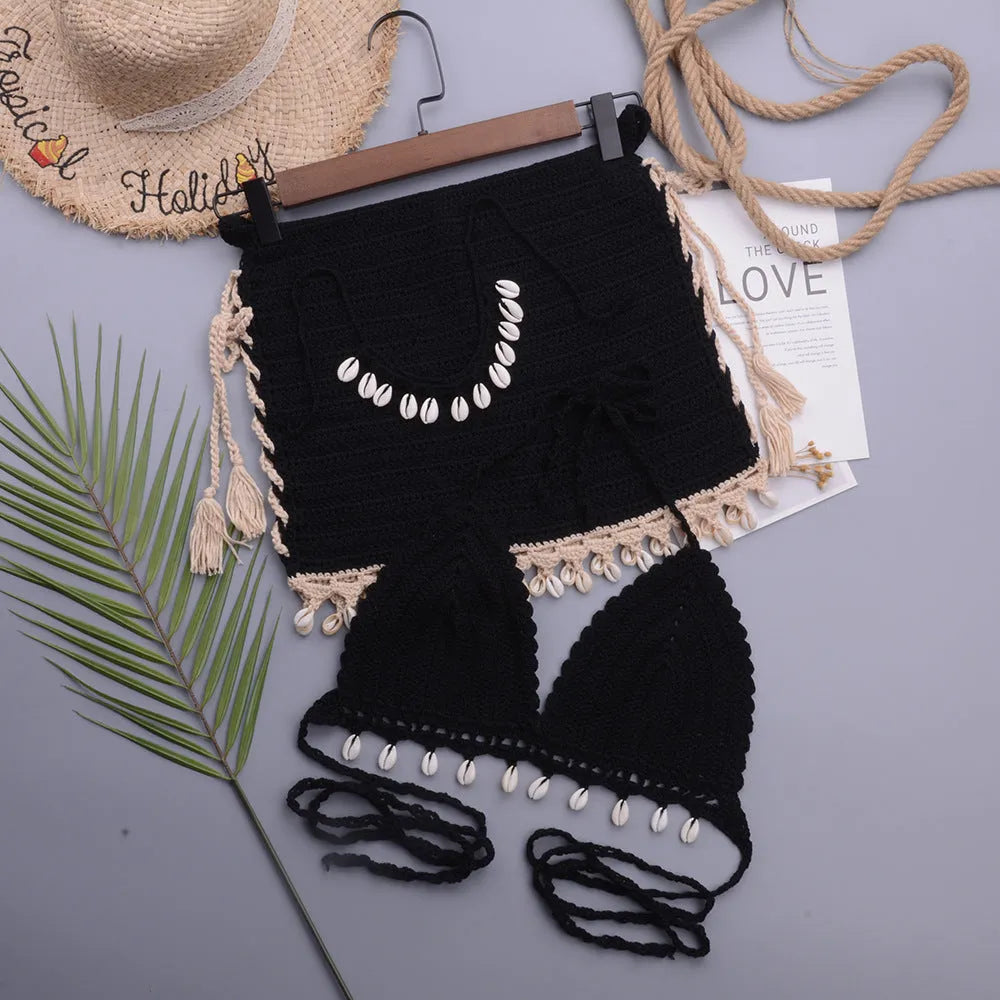Women's handmade cotton blend lace-up swimsuit set in black, apricot, or white with skirt option.