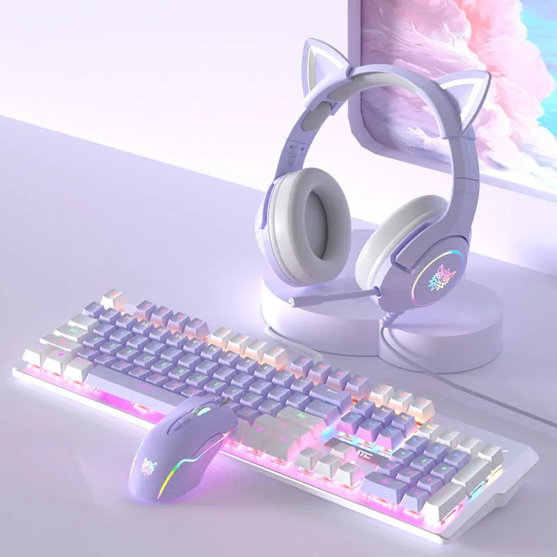 Purple and white mechanical keyboard and wired mouse set with backlit keys on a desk.