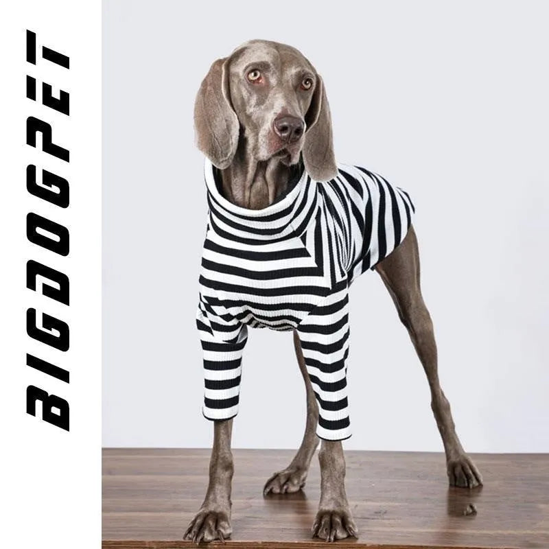 Thin black and white polyester dog clothing for large breeds showing size options