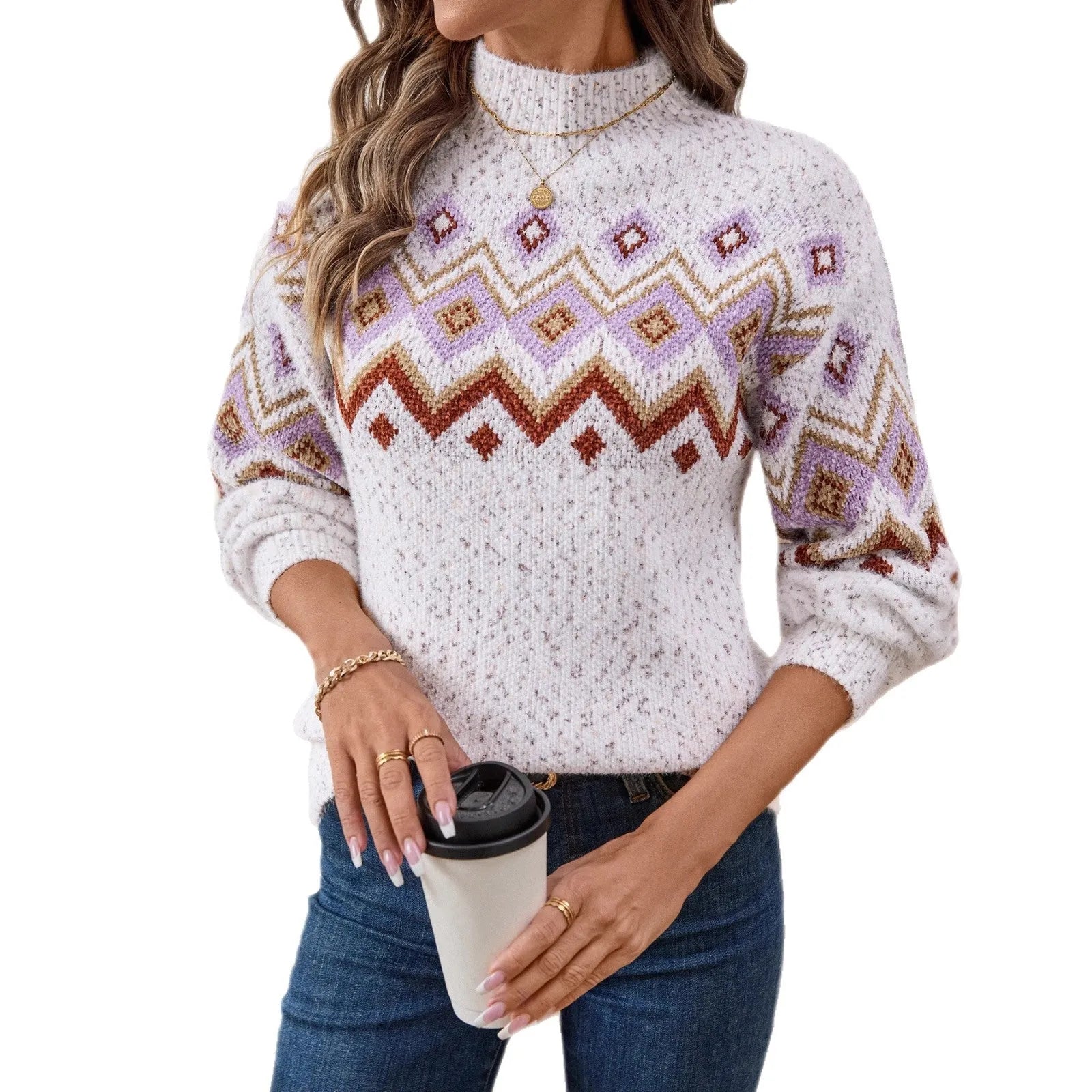White women's half turtleneck sweater with geometric jacquard pattern in loose street fashion fit