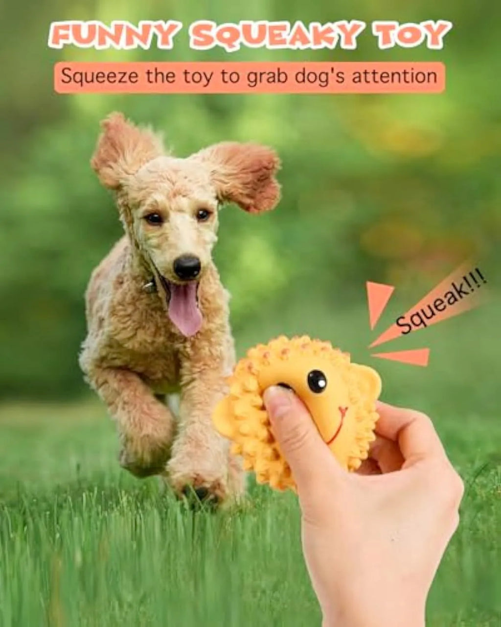 Orange and yellow spiky latex squeaky dog toy for small to medium breeds.