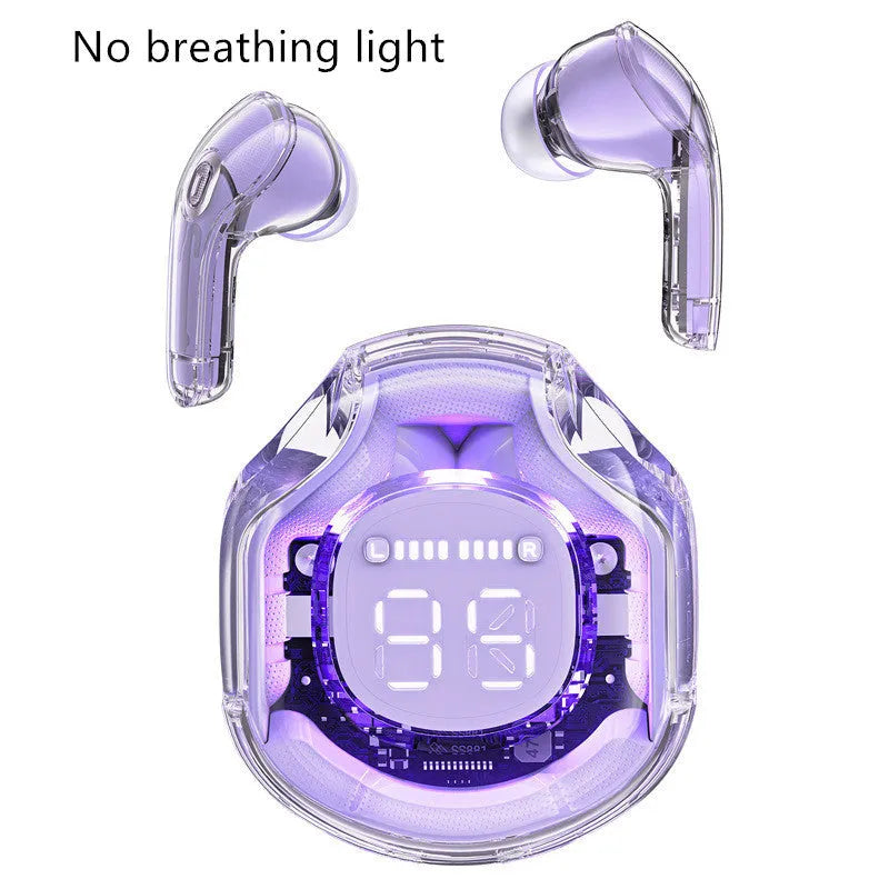 Transparent wireless Bluetooth headset with in-ear design in white, black, pink, sky blue or violet colours